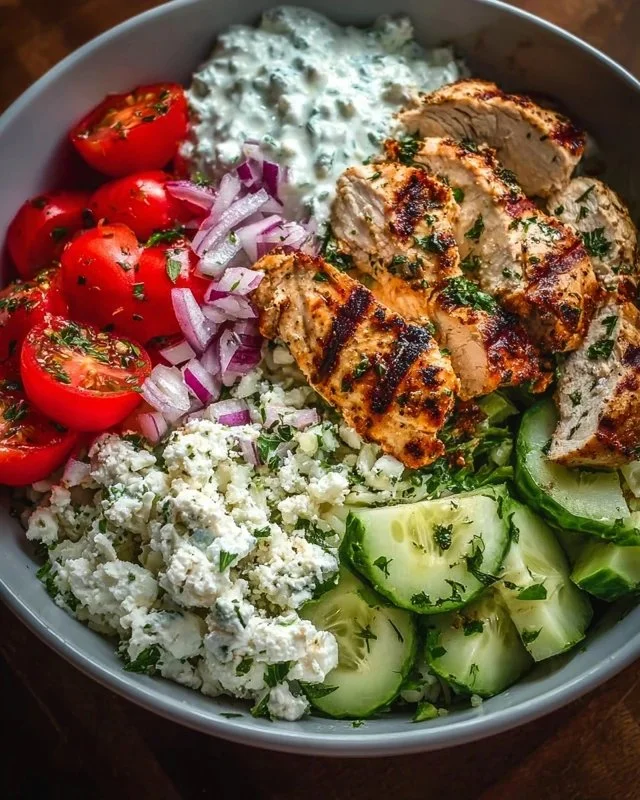 Delicious Greek Chicken Bowl with marinated chicken, fresh vegetables, and rice.