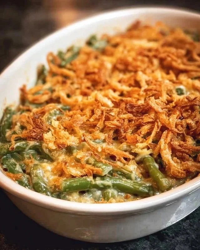 Delicious green bean casserole topped with crispy fried onions