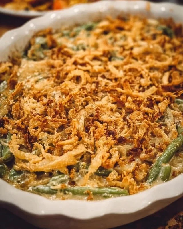 Delicious green bean casserole topped with crunchy fried onions