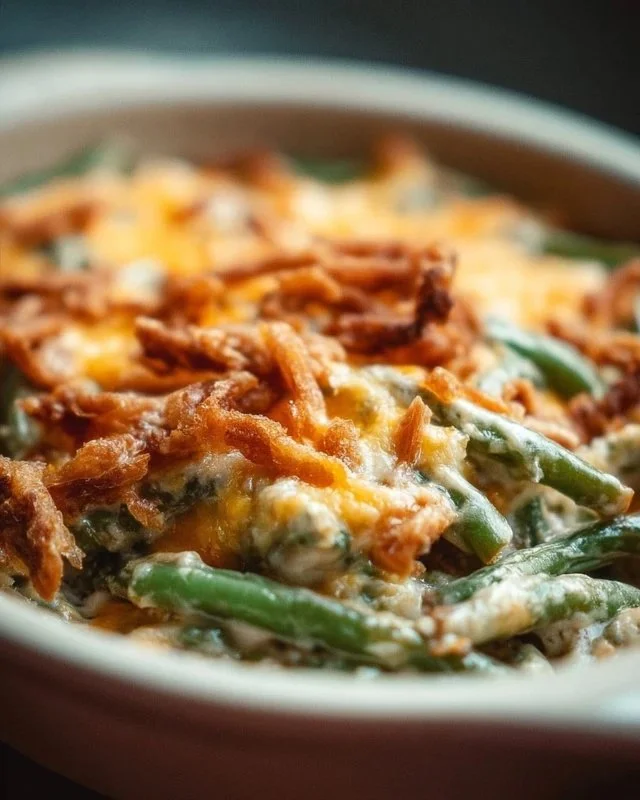 Delicious green bean casserole topped with crispy fried onions