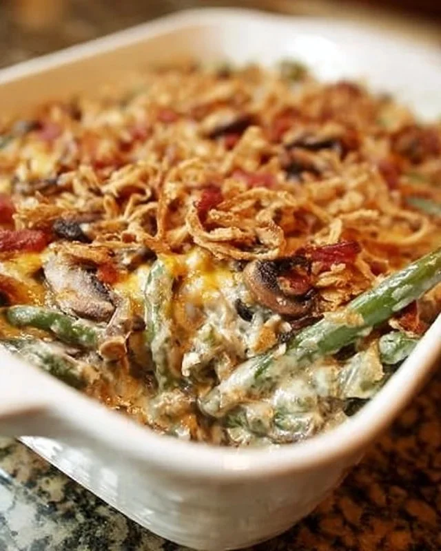 Delicious green bean casserole with crispy bacon topping served in a baking dish.