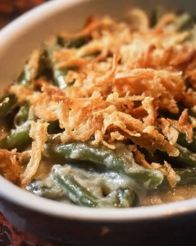 Delicious green bean casserole made with fresh green beans and crunchy topping.
