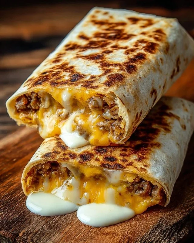 Close-up of a grilled cheese burrito filled with cheese and savory ingredients.