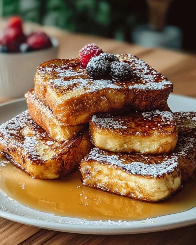 Delicious Hawaiian Roll French Toast topped with syrup and fruit