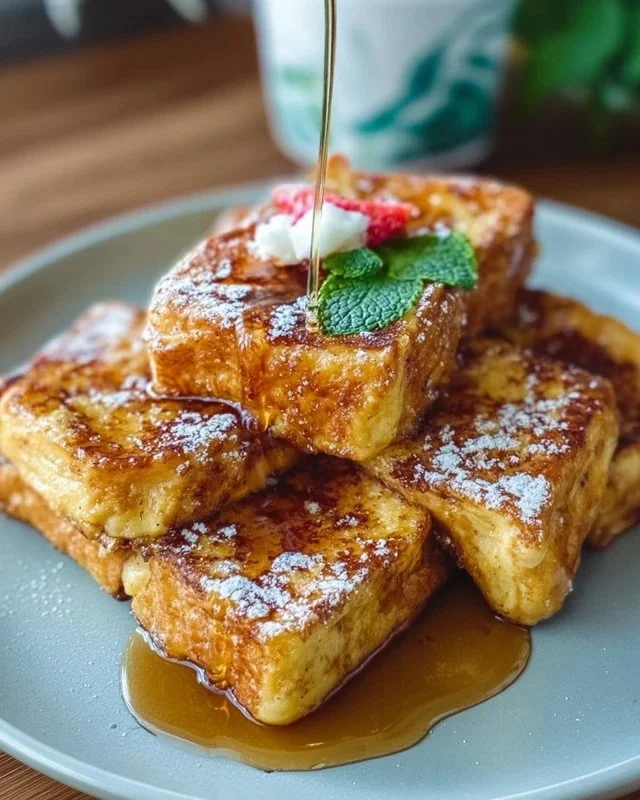 Delicious Hawaiian Roll French Toast topped with syrup and fresh berries