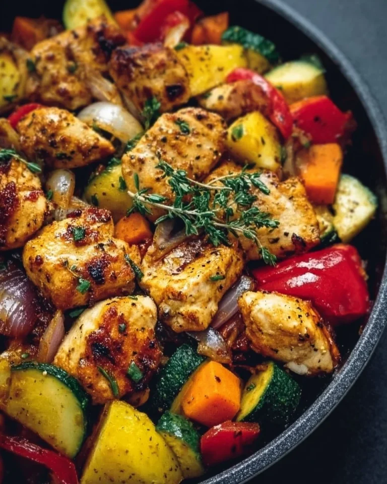 Healthy chicken and vegetables skillet dish served in a pan.