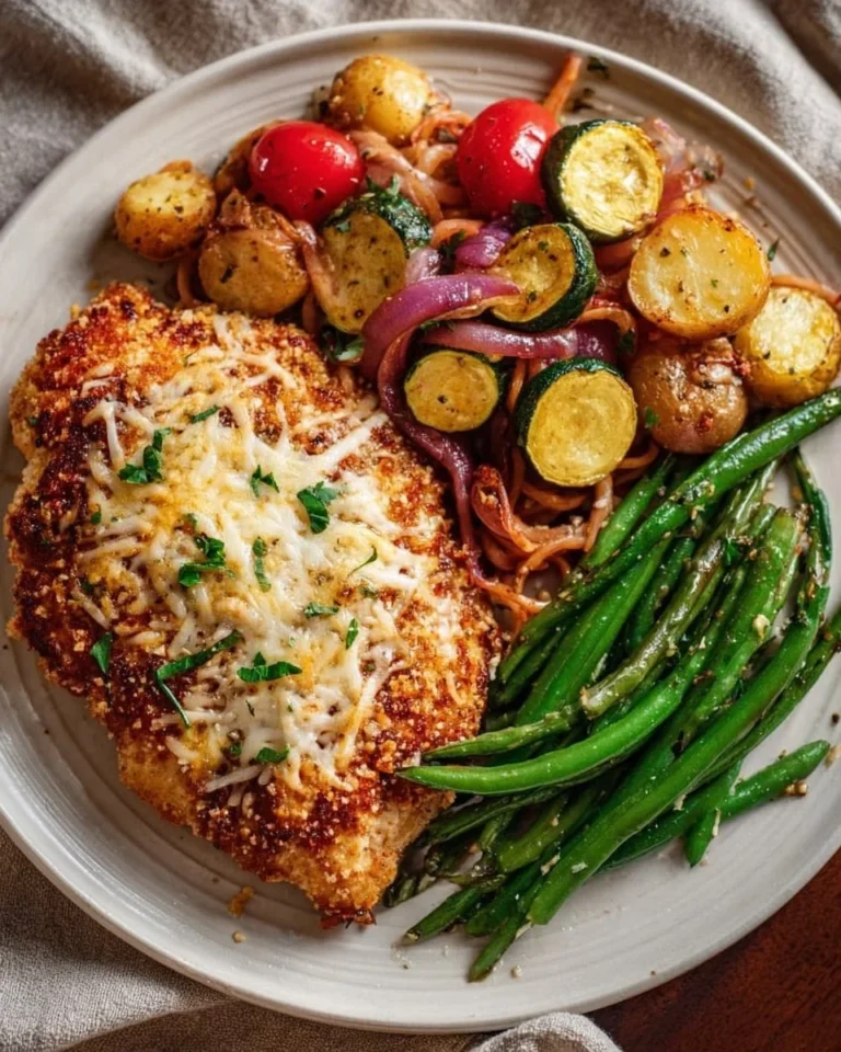 Healthy Chicken Parmesan served with a side of roasted vegetables