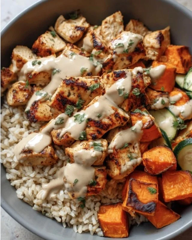 Healthy chicken and sweet potato rice bowl packed with flavor and nutrition.