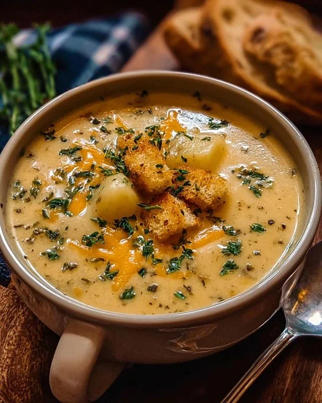 Hearty cheddar garlic herb potato soup served in a bowl with herbs on top