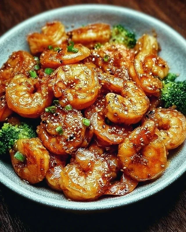 High-protein honey garlic shrimp dish garnished with green onions on a plate.