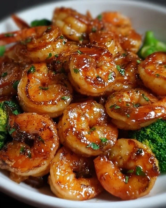 High-protein honey garlic shrimp dish served with vegetables