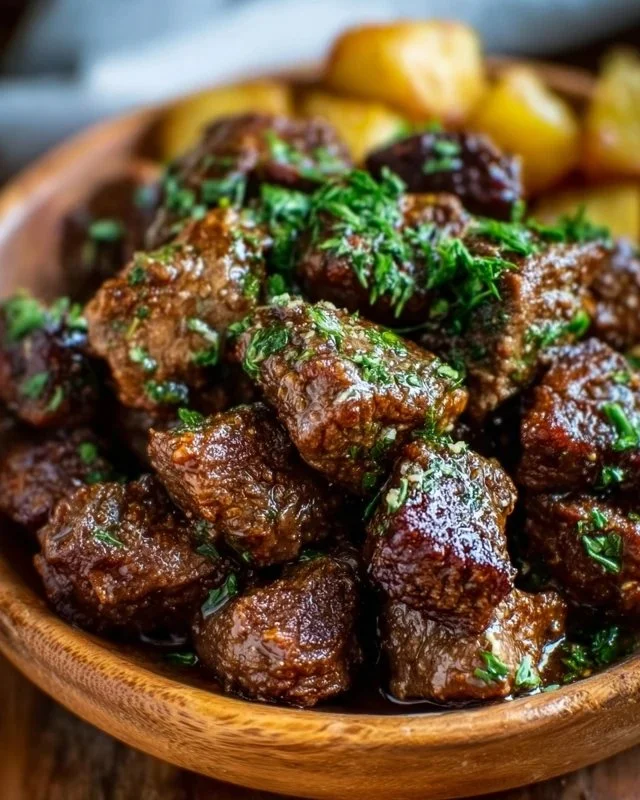 Delicious high protein slow cooker garlic butter beef bites served on a platter.