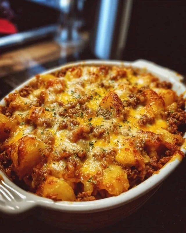 Delicious Hobo Casserole with ground beef, potatoes, and vegetables in a baking dish.