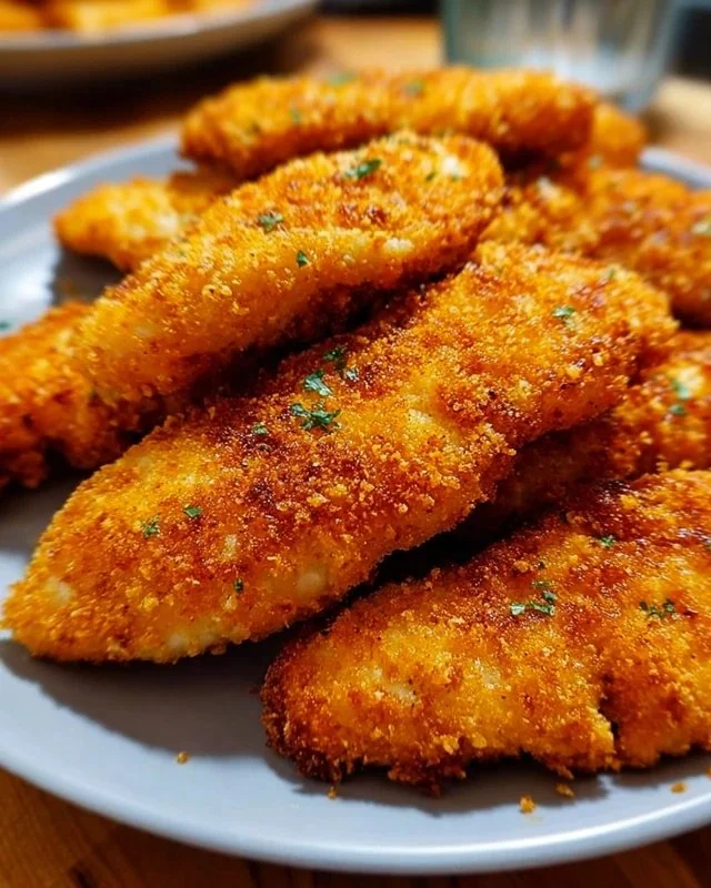 Crispy homemade baked chicken tenders served on a plate with dipping sauce.