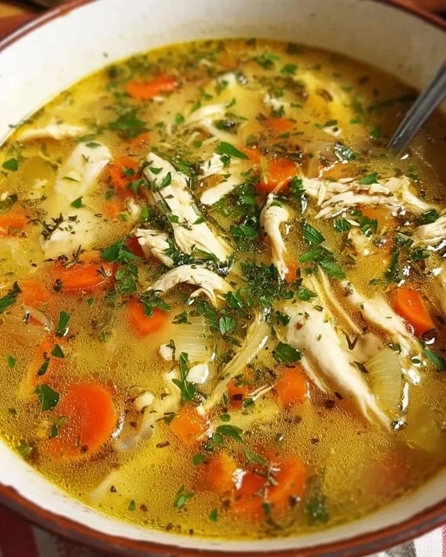A steaming bowl of homemade chicken soup with fresh vegetables and herbs