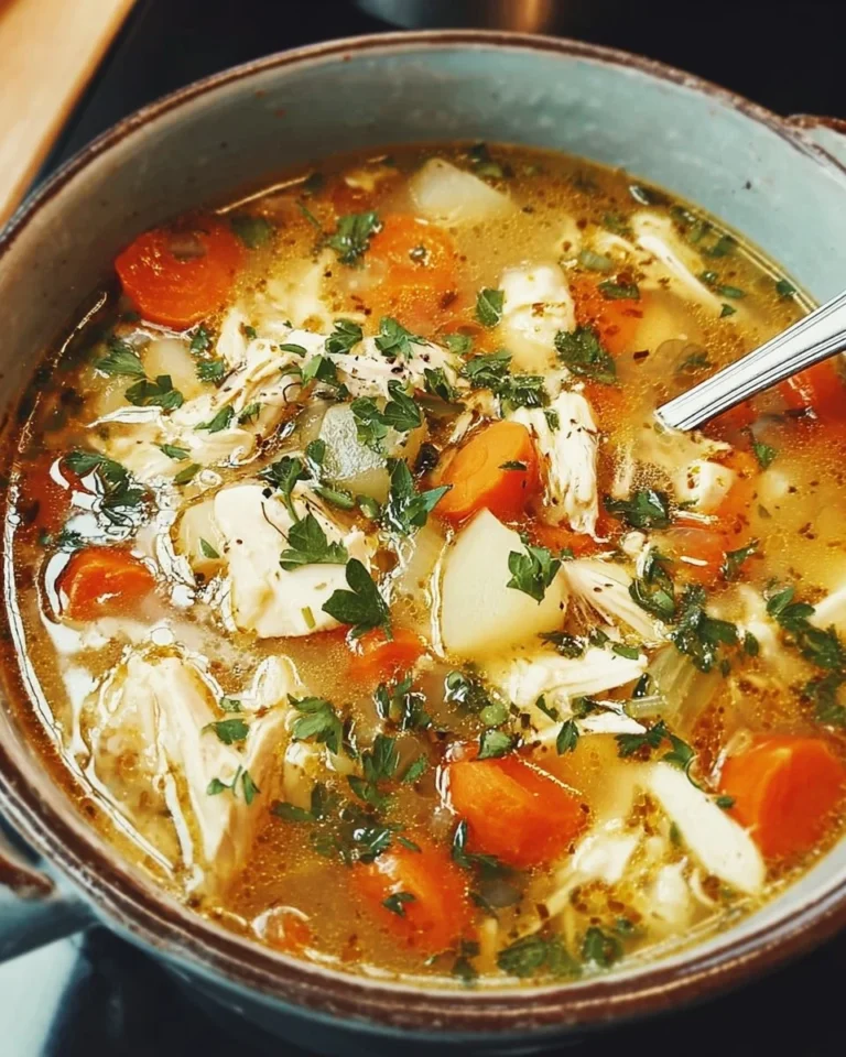 Bowl of homemade chicken soup with vegetables and herbs
