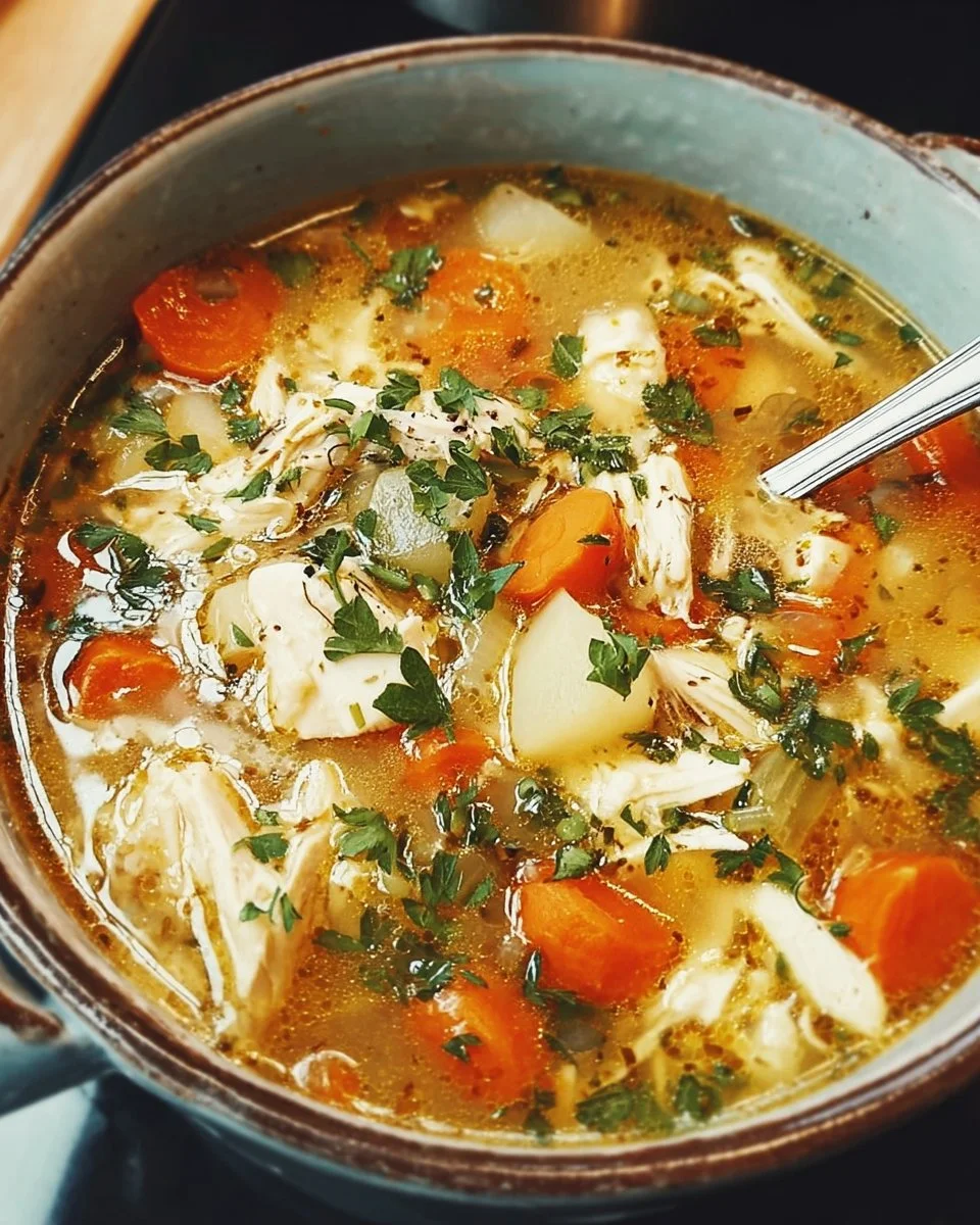 Bowl of homemade chicken soup with vegetables and herbs