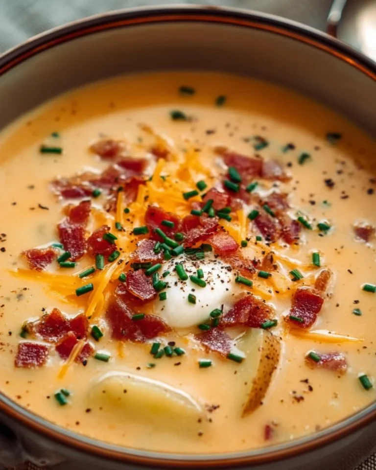 Bowl of homemade loaded potato soup topped with cheese and bacon