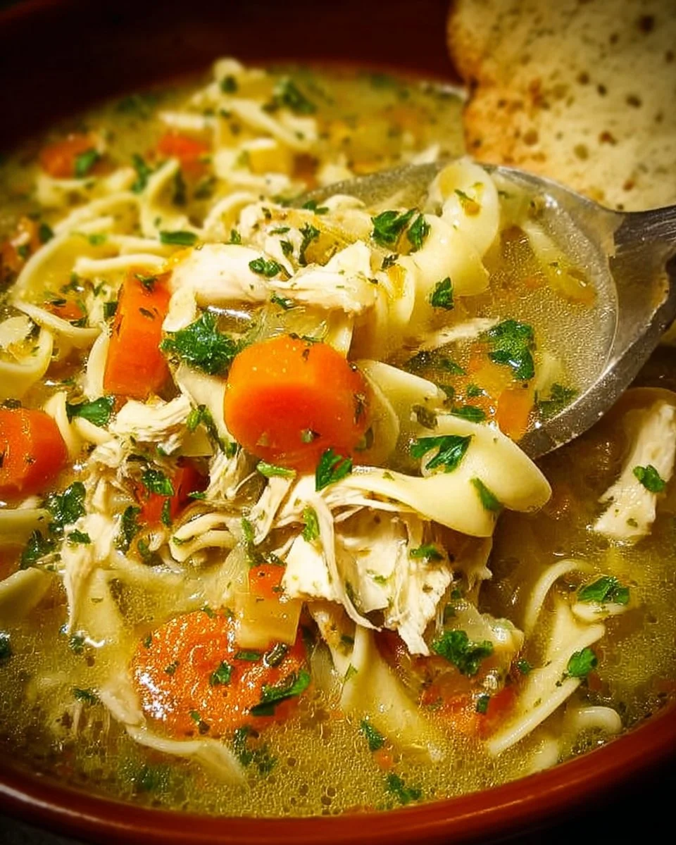Bowl of homestyle chicken noodle soup filled with chicken, noodles, and vegetables.