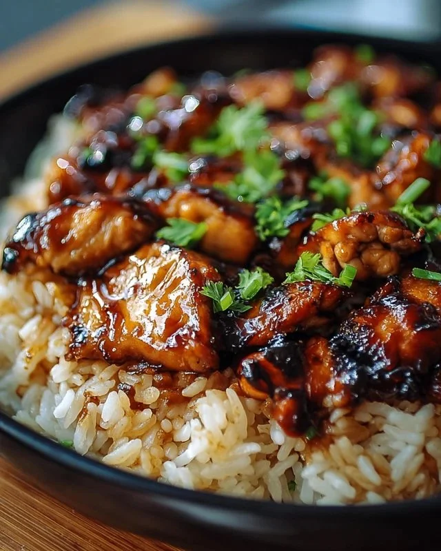 Delicious Honey BBQ Chicken served over rice with vegetables