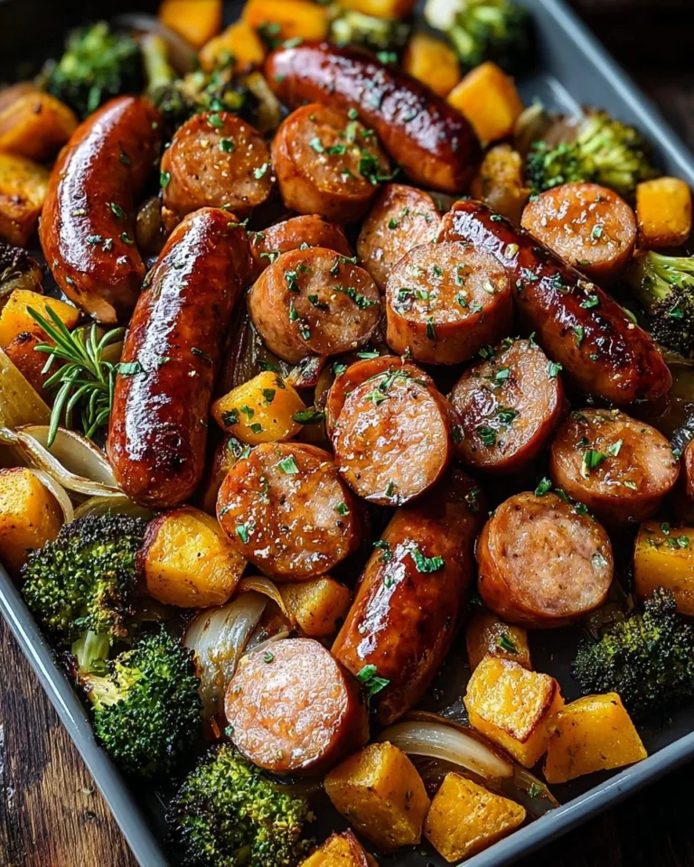 Sheet pan with honey garlic sausage and vegetables ready to be served.