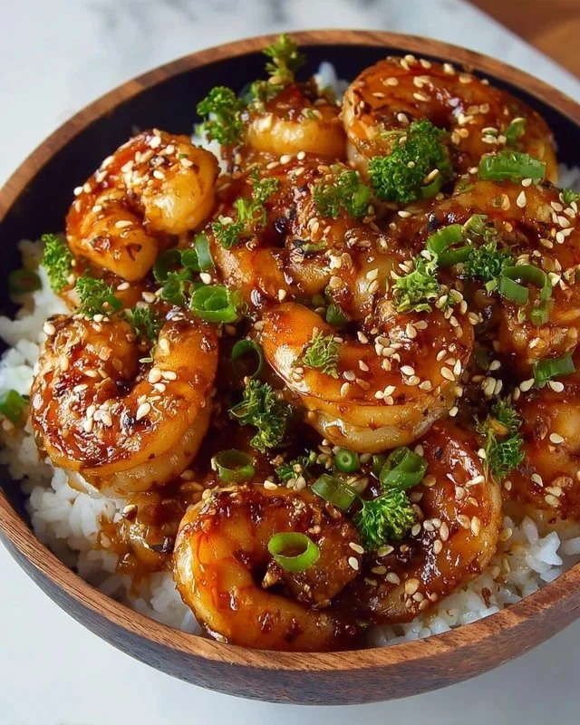 Delicious Honey Garlic Shrimp Bowl with vibrant vegetables and rice
