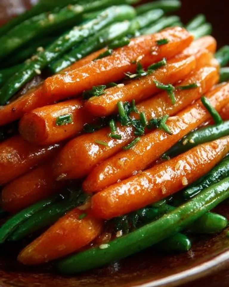Honey glazed carrots with green beans in a serving dish