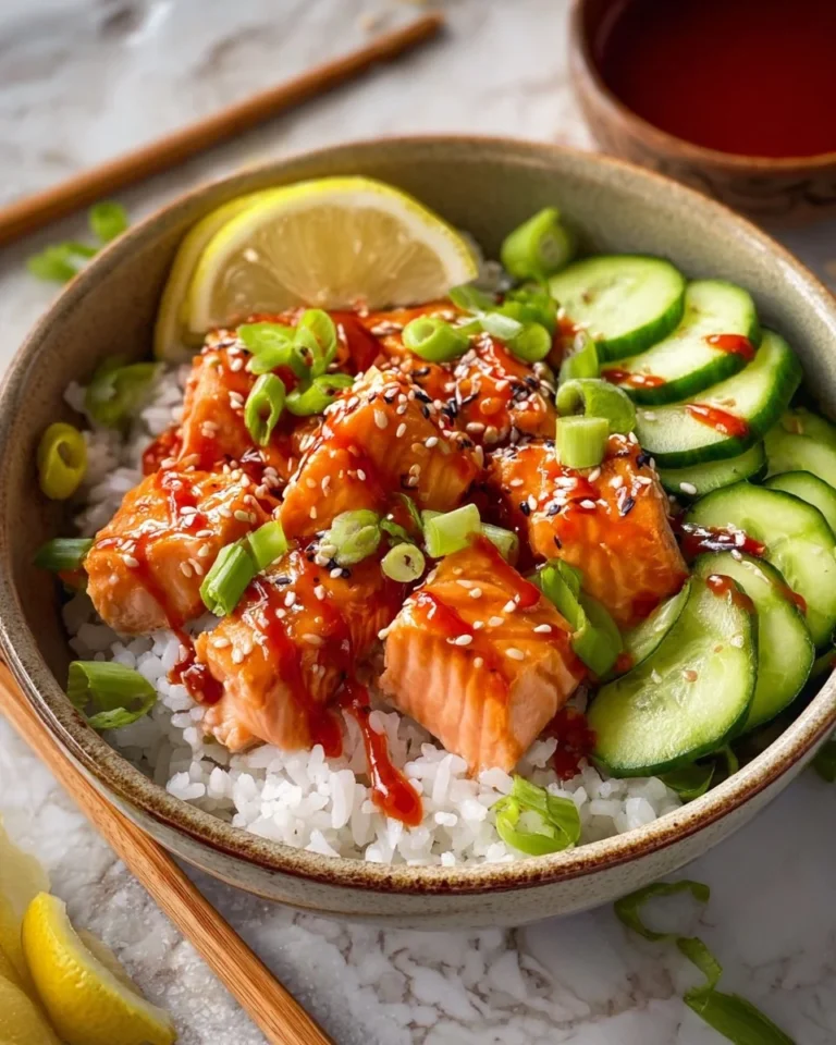 Honey Sriracha Salmon Bowls with vibrant vegetables and rice