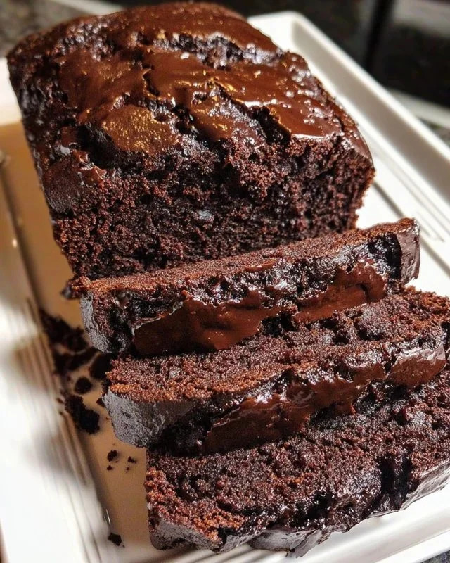 Delicious hot fudge brownie bread with a rich chocolate glaze