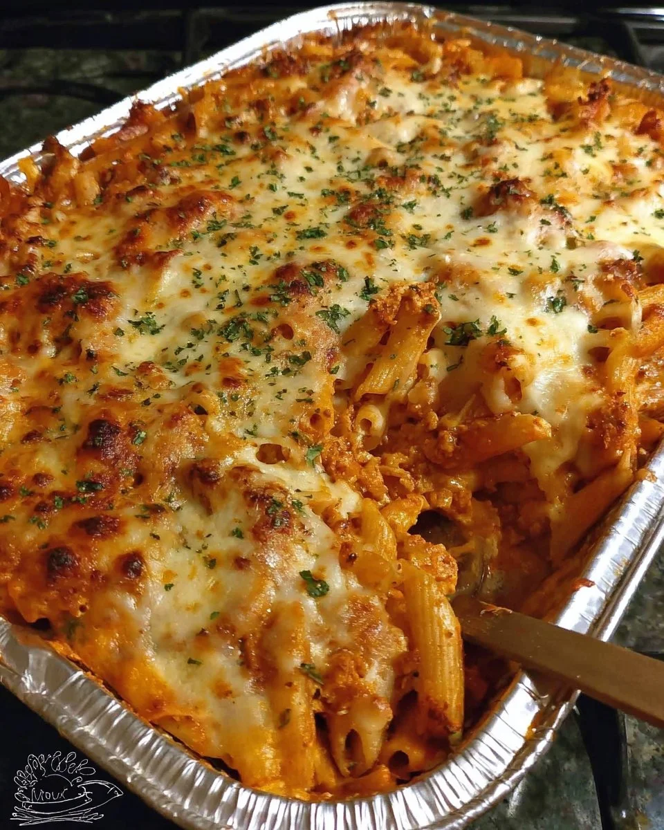 Delicious baked ziti fresh out of the oven, topped with melted cheese and herbs.