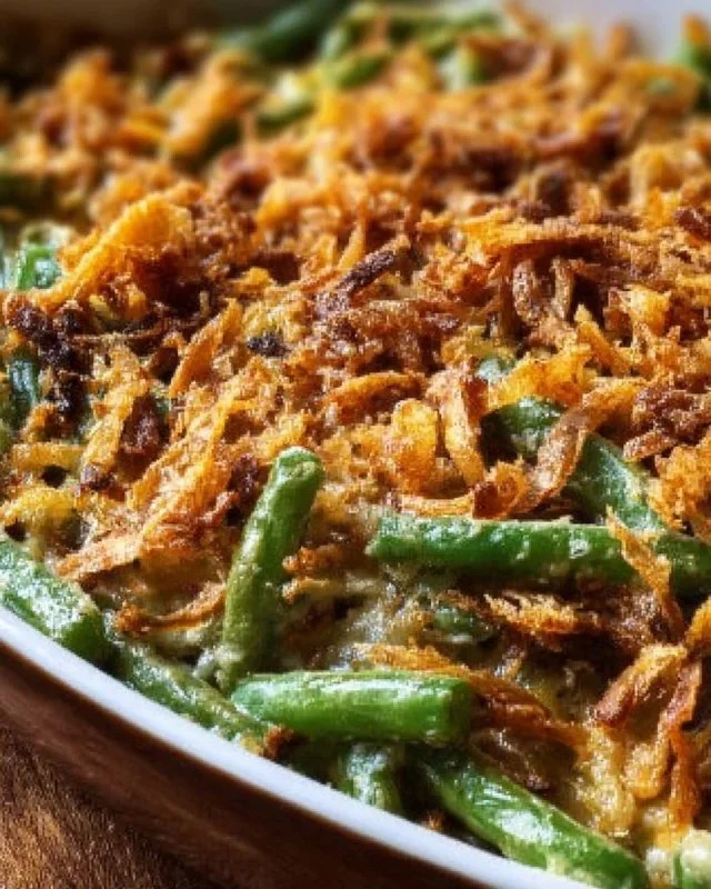 Delicious Ina Garten green bean casserole served in a baking dish