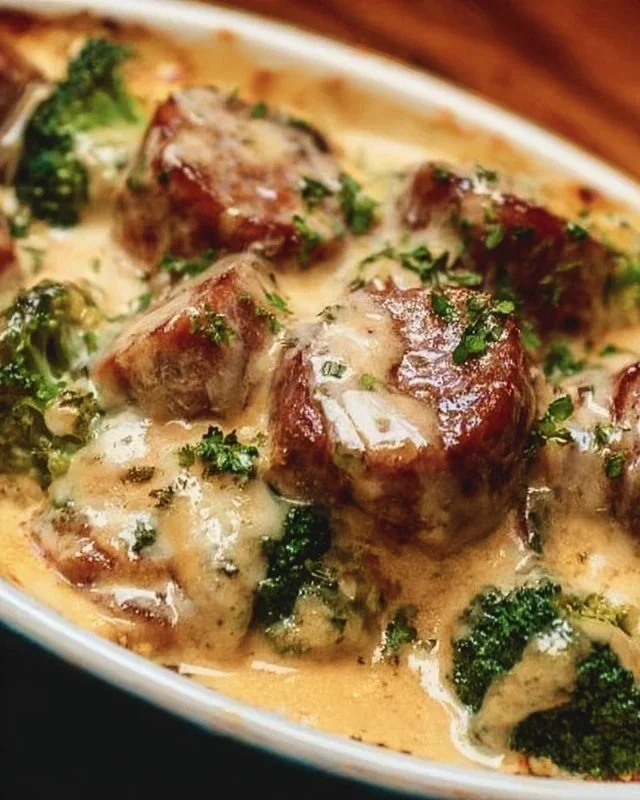 Delicious Keto Au Gratin with broccoli, cauliflower, and sausage in a cheesy sauce.