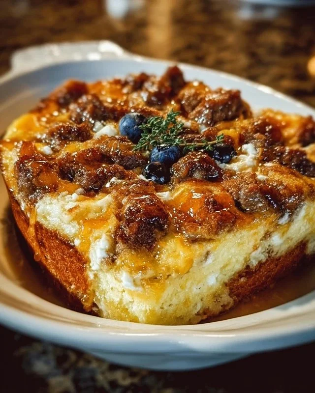 Delicious sweet maple sausage breakfast casserole served in a dish