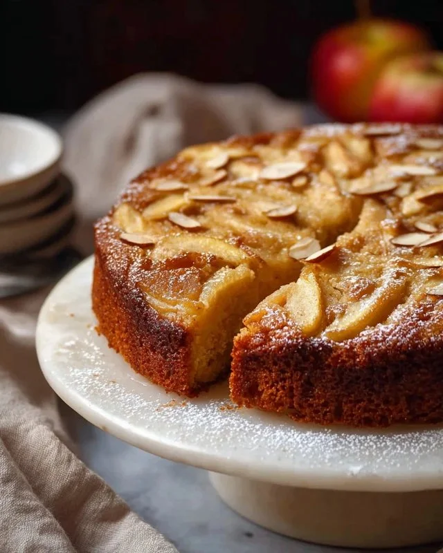 Irresistible almond flour apple cake topped with sliced apples and nuts