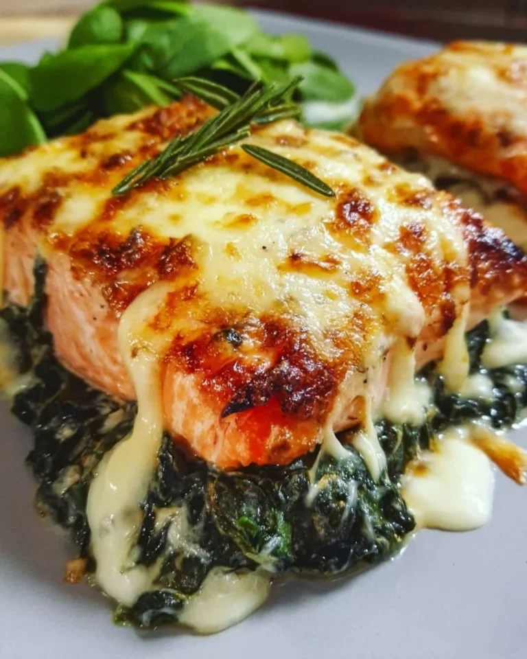 Irresistible baked salmon dish with spinach and mozzarella on a plate