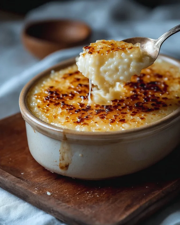 Creamy baked rice pudding with condensed milk in a serving dish