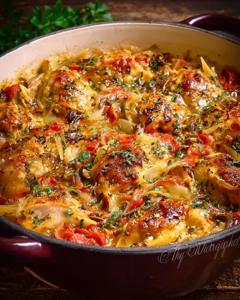 Delicious Italian Chicken Casserole topped with herbs and cheese
