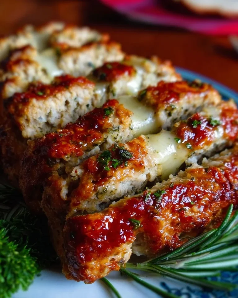 A slice of moist Italian Chicken Meatloaf garnished with herbs and served on a plate.