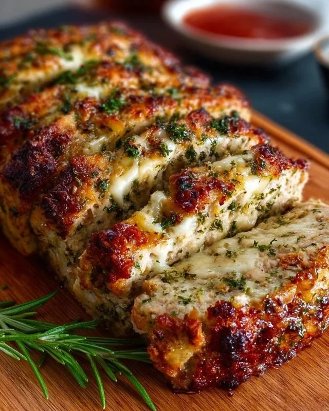 Italian chicken meatloaf served with fresh herbs and tomato sauce