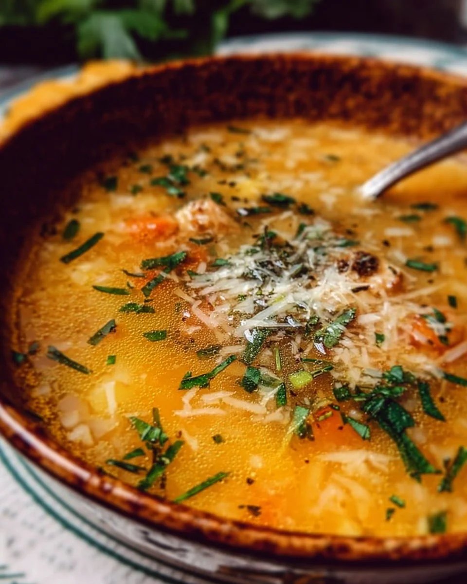 Bowl of Italian Penicillin Soup filled with herbs and vegetables.