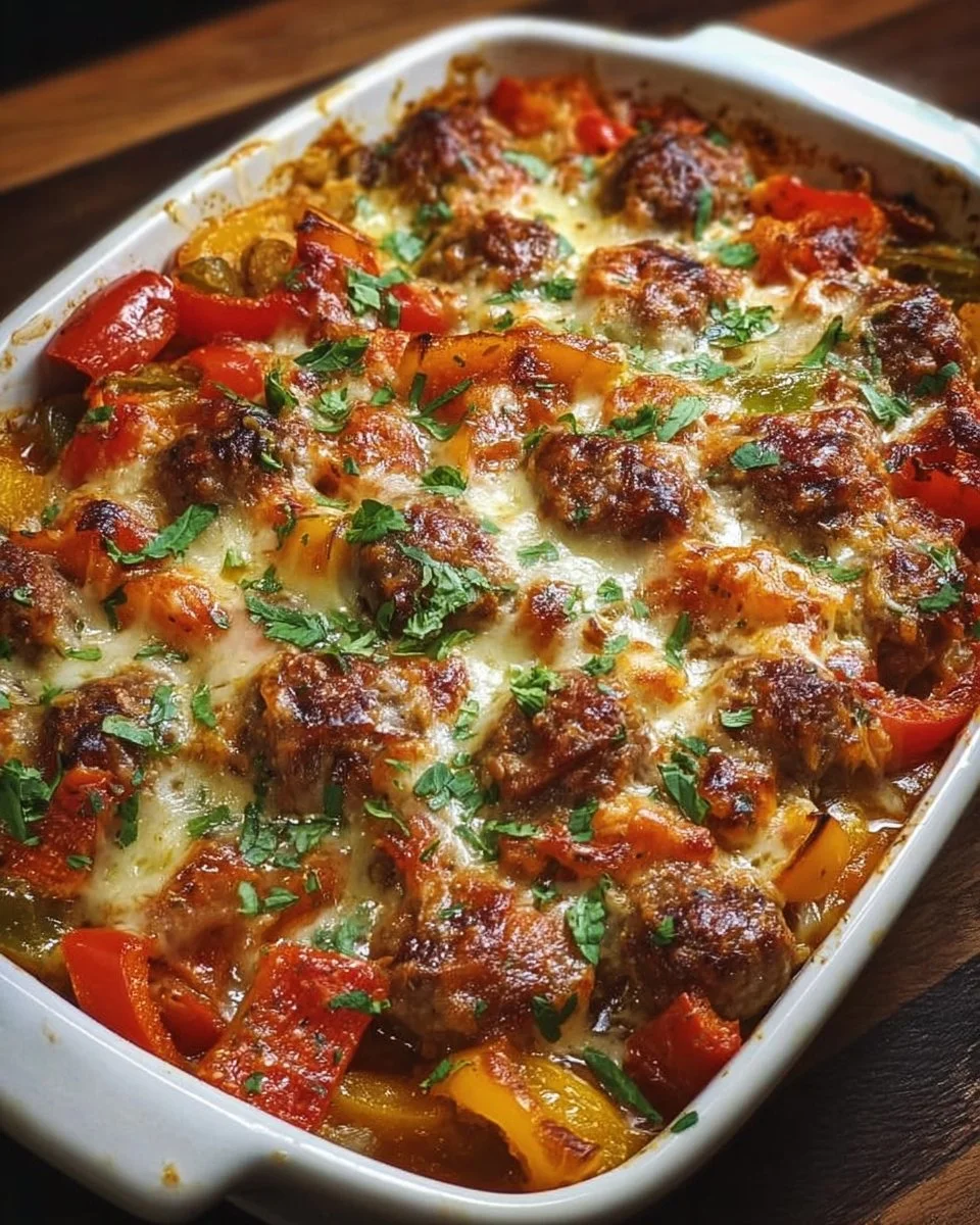 Italian sausage and pepper casserole served in a baking dish.