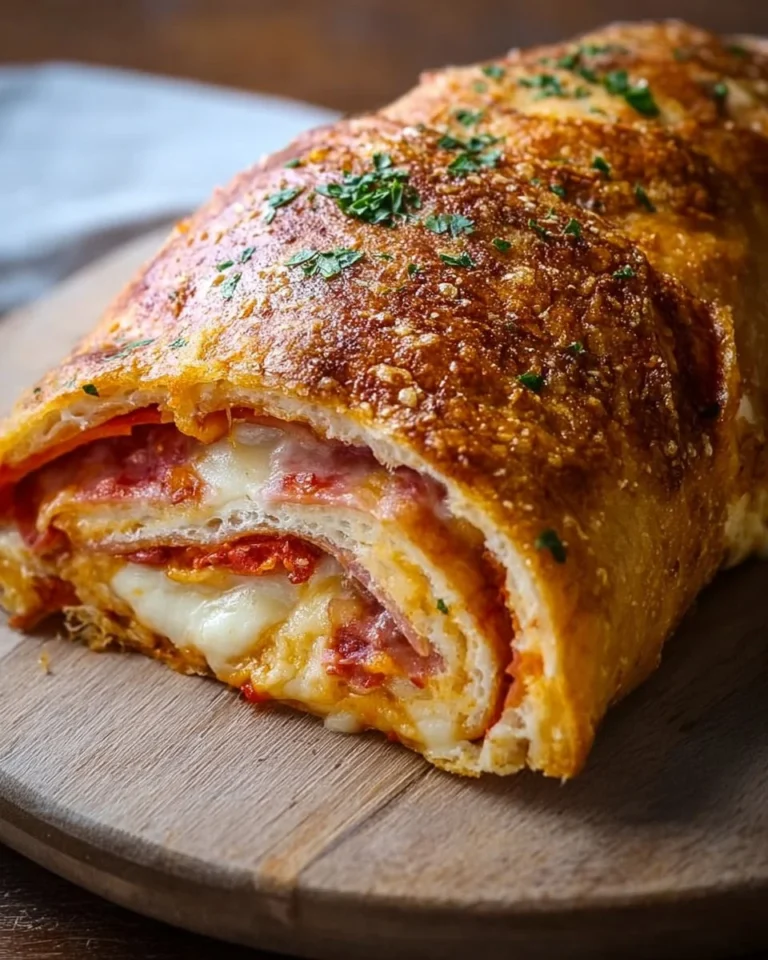 Delicious Italian Stromboli stuffed bread with savory fillings.