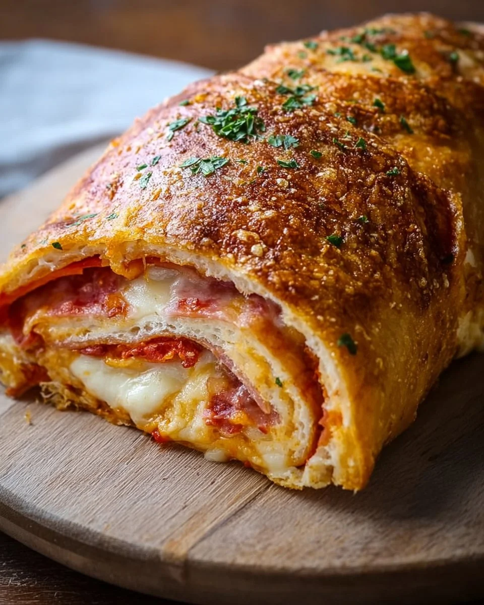 Delicious Italian Stromboli stuffed bread with savory fillings.
