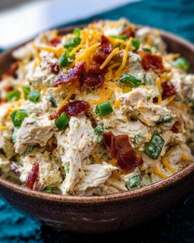 Jalapeno Popper Keto Chicken Salad in a bowl, garnished with jalapenos and herbs.