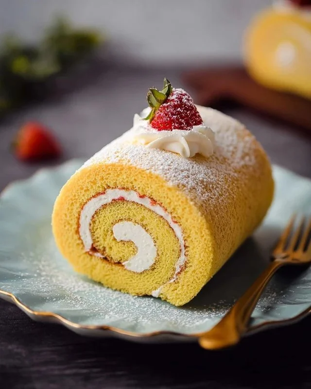 Delicious Japanese Swiss Roll cake filled with cream and fruits on a plate
