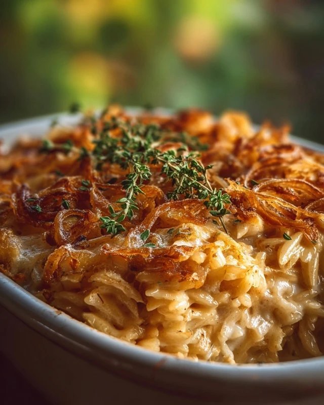 French Onion Chicken Orzo Casserole