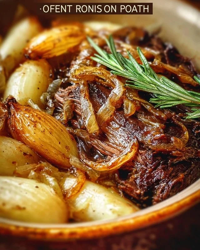 Deliciously cooked French Onion Pot Roast served with aromatic onions and herbs