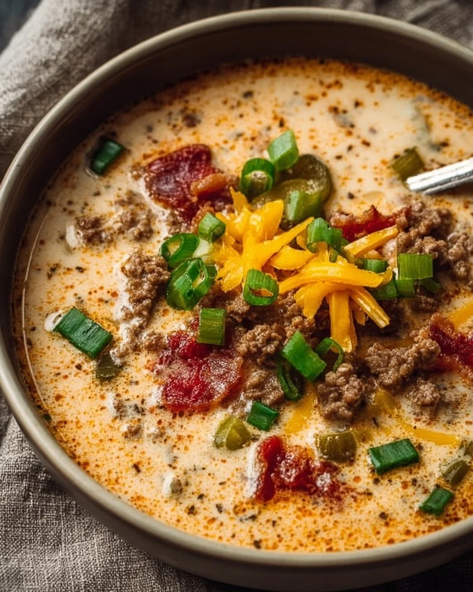 Bowl of creamy Keto Cheeseburger Soup topped with cheese and bacon