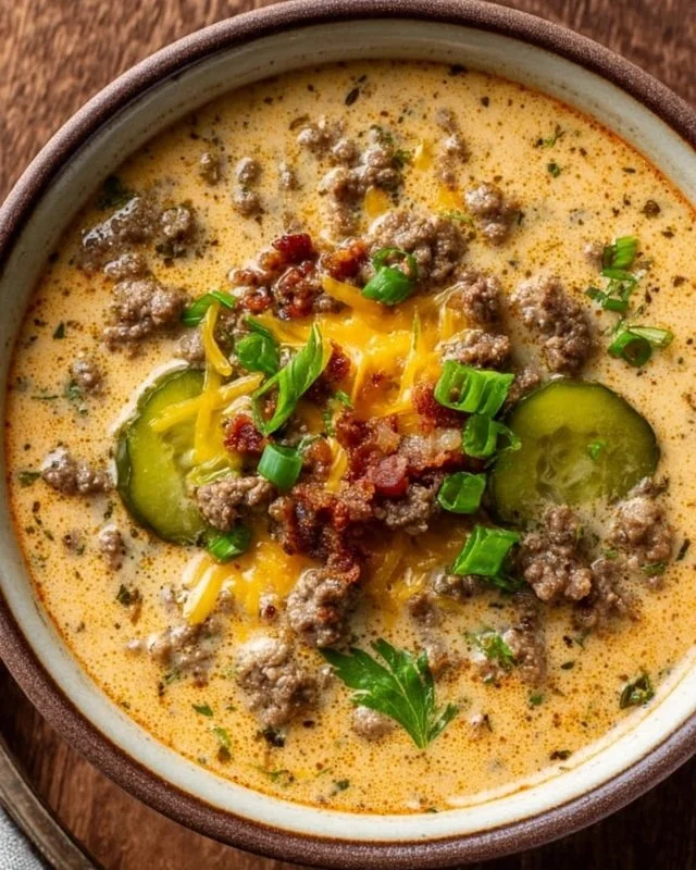 Delicious Keto Cheeseburger Soup served in a bowl topped with cheese and herbs