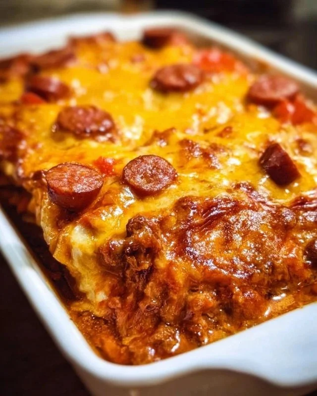 Keto Chili Dog Casserole topped with cheese and onions served in a dish
